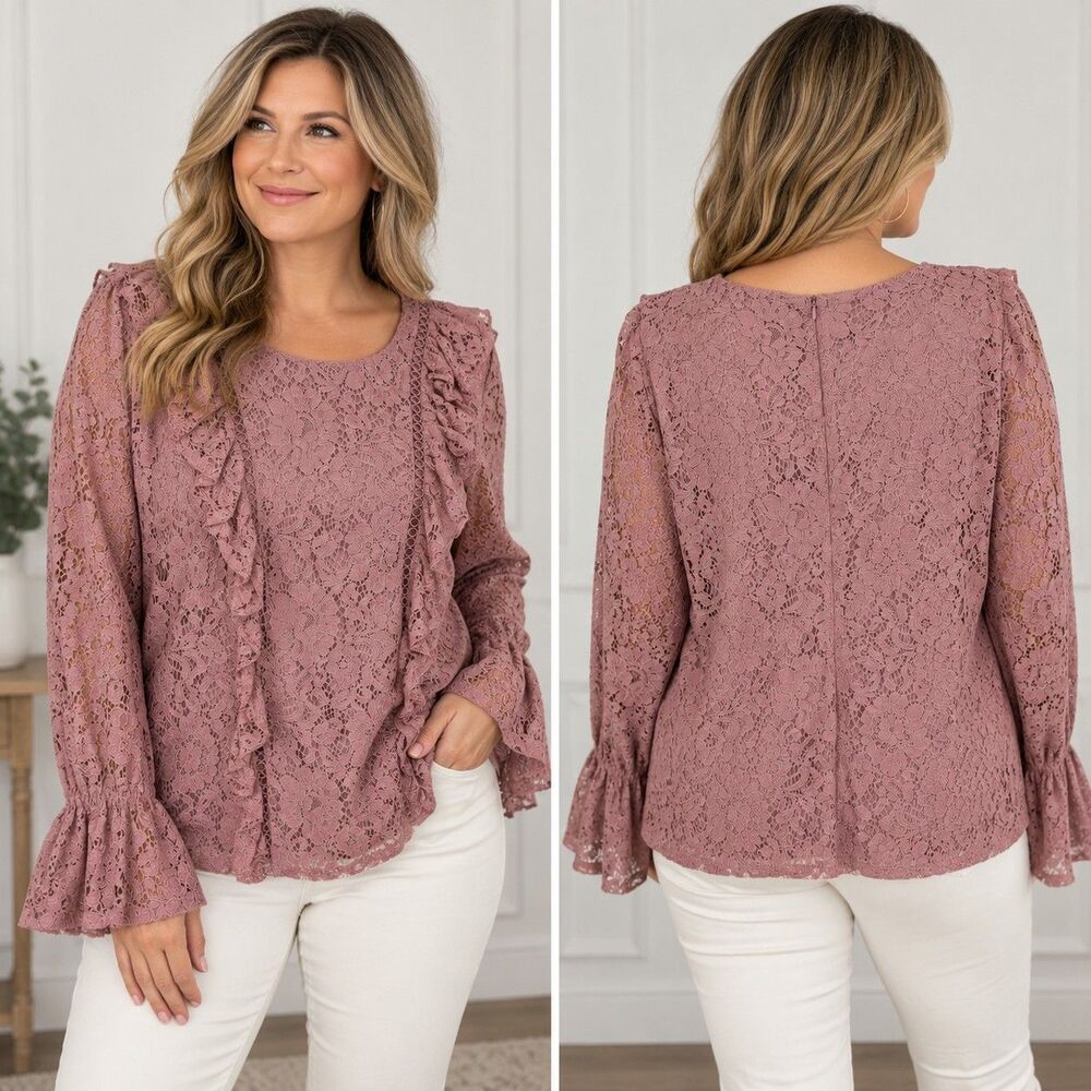 Wonderly Curve Womens 2X Mauve Floral Lace Ruffle Bell Sleeve Blouse Plus
